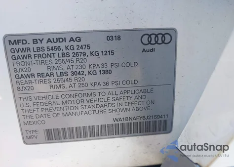 2018 Audi Q5 2.0T Premium/2.0T Tech Premium z USA, uszkodzony, nr VIN WA1BNAFY6J2159411